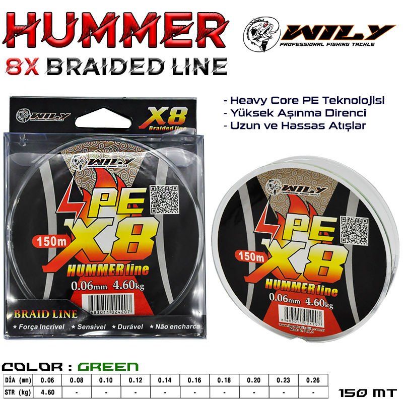 Wily Hummer 8 Kat İp Misina 150 mt Yeşil 0,08 mm