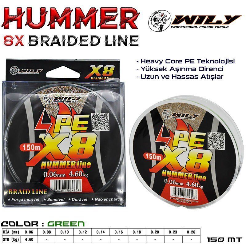 Wily Hummer 8 Kat İp Misina 150 mt Yeşil 0,10 mm