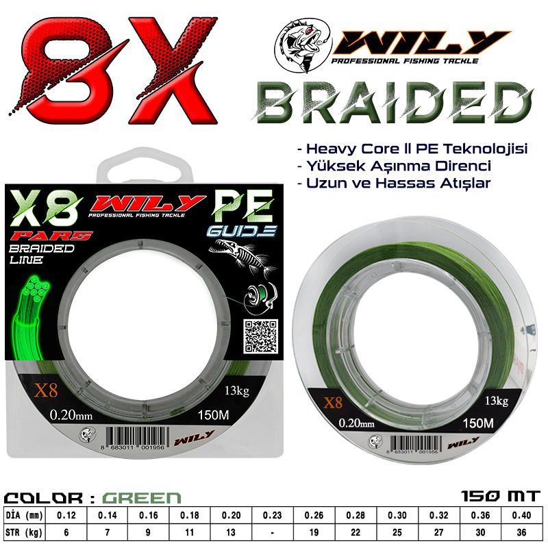 Wily Pars 8 Kat İp Misina 150 mt Yeşil 0,16 mm