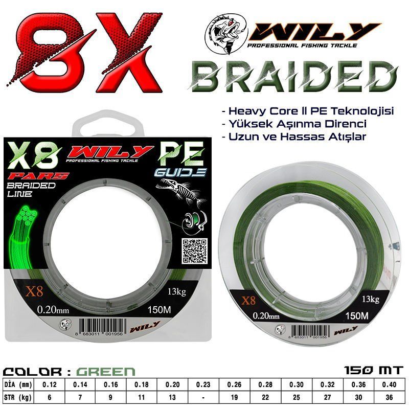 Wily Pars 8 Kat İp Misina 150 mt Yeşil 0,18 mm