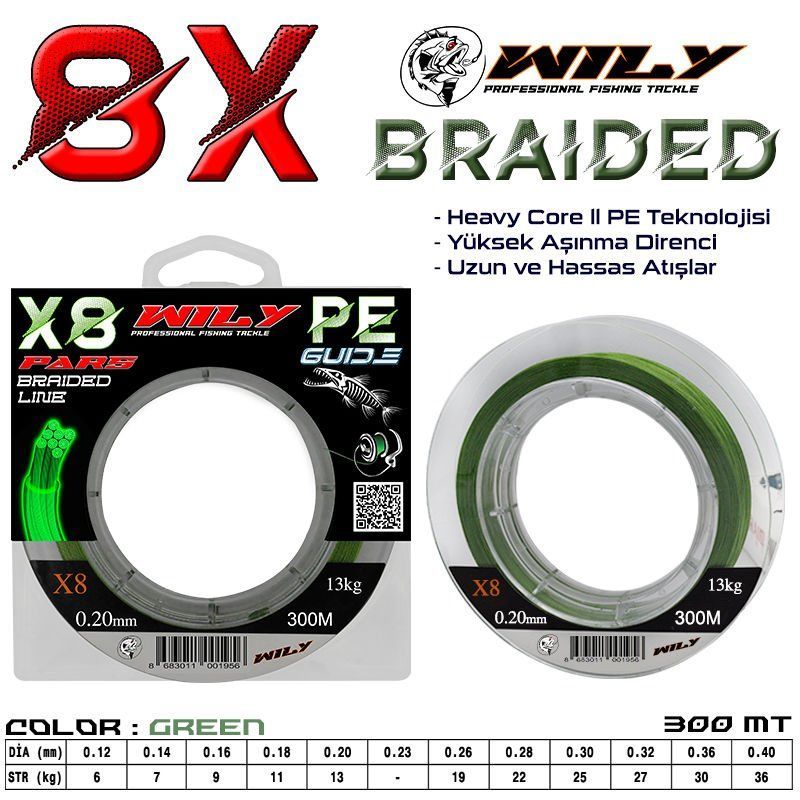 Wily Pars 8 Kat İp Misina 300 mt Yeşil 0,14 mm