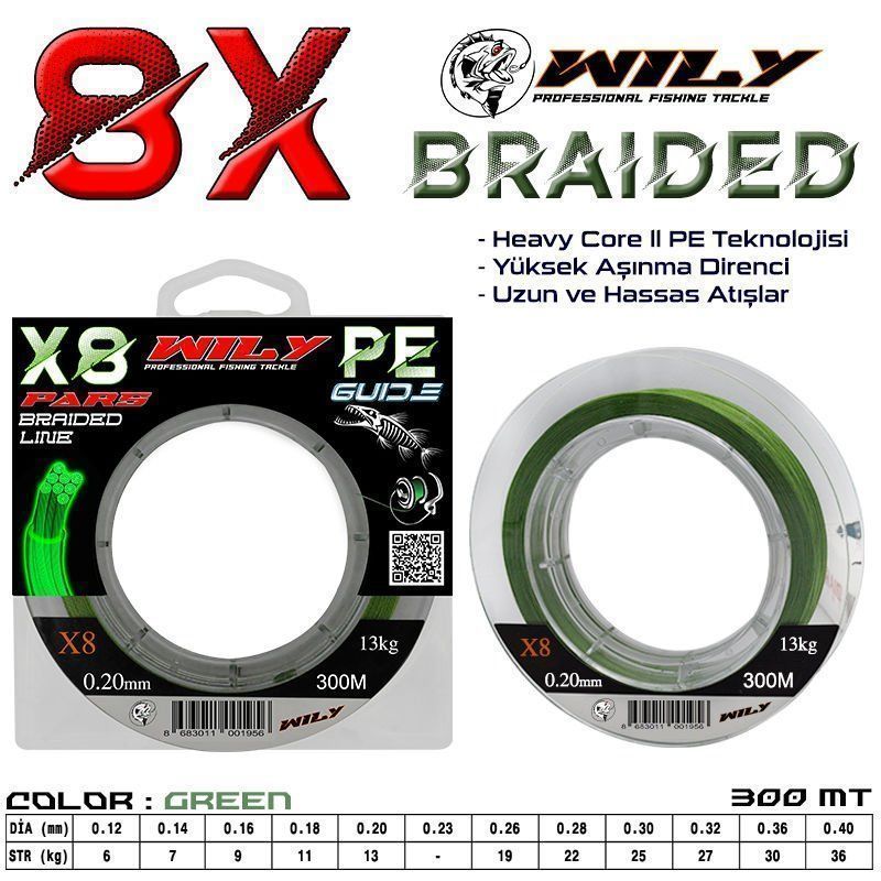 Wily Pars 8 Kat İp Misina 300 mt Yeşil 0,26 mm