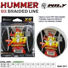Wily Hummer 8 Kat İp Misina 150 mt Yeşil 0,10 mm